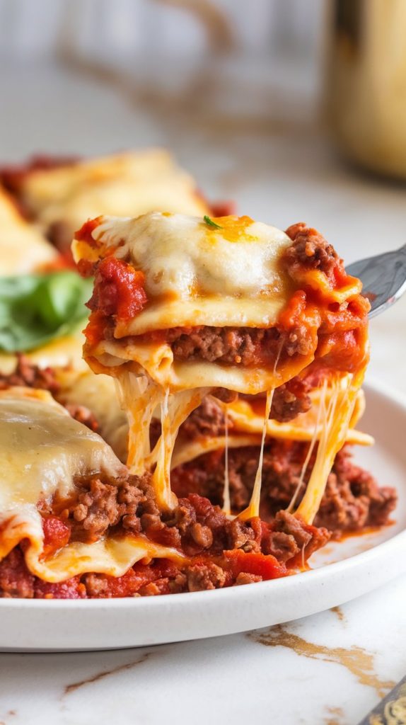 A plate of crockpot ravioli lasagna served hot, gooey cheese stretching with a fork