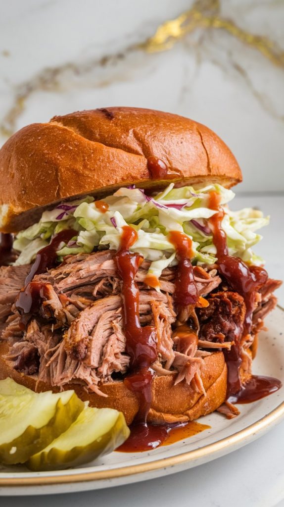 A BBQ pulled pork sandwich on a toasted brioche bun with extra BBQ sauce dripping down