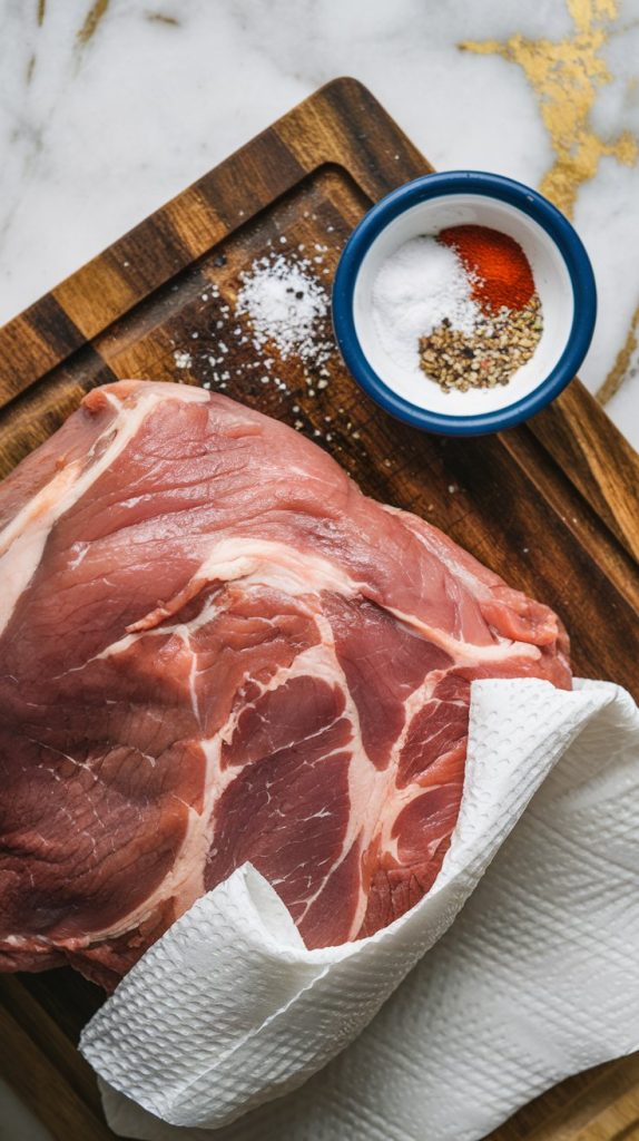 A raw pork shoulder on a wooden cutting board being patted dry with paper towels