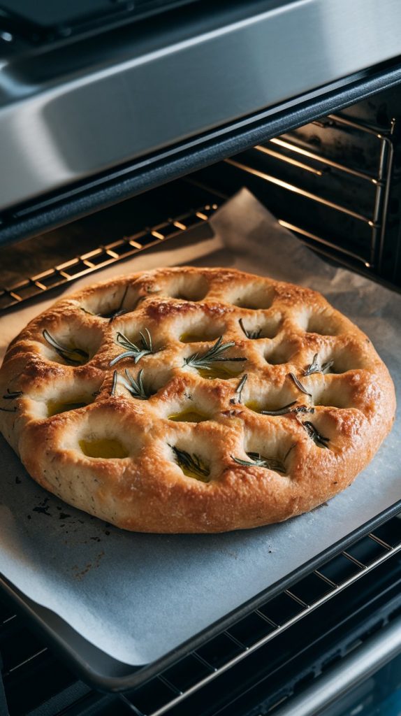 a round focaccia bread on a baking sheet inside a modern stainless steel double oven