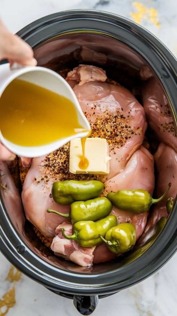 a slow cooker filled with raw chicken, seasoning, butter, and whole greenish-yellow pepperoncini peppers placed on top