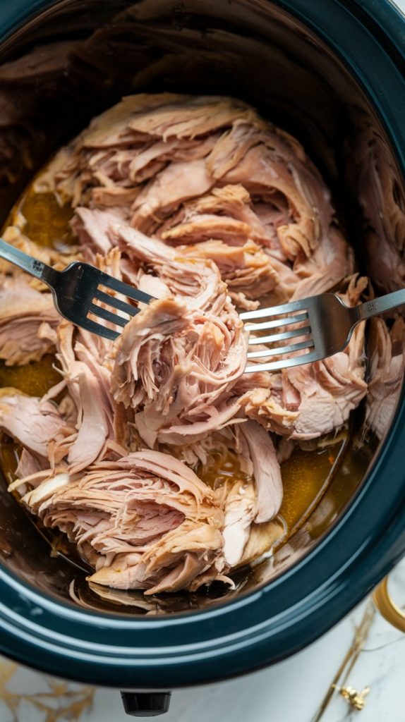 shredded Mississippi Chicken inside the slow cooker