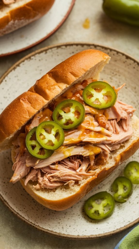 shredded Mississippi Chicken served inside a toasted sandwich bun