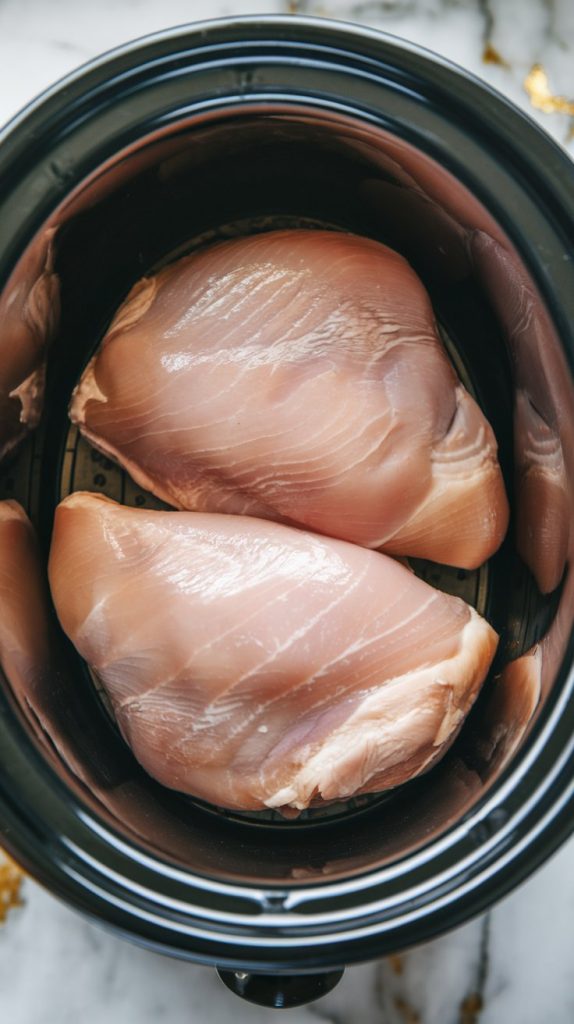 raw boneless chicken breasts placed in a black slow cooker