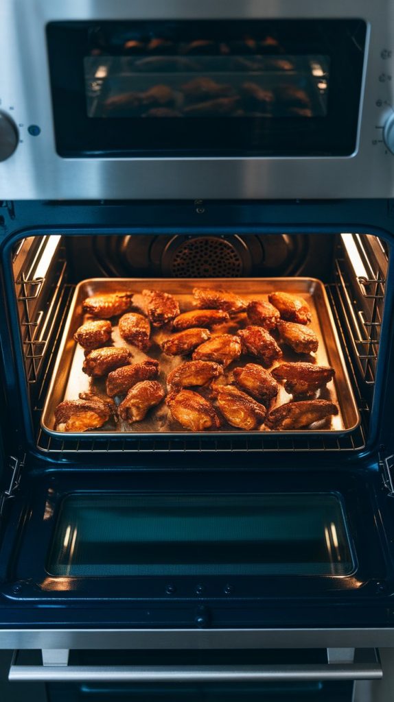 wings on a baking sheet under the broiler, edges slightly crispy and caramelized