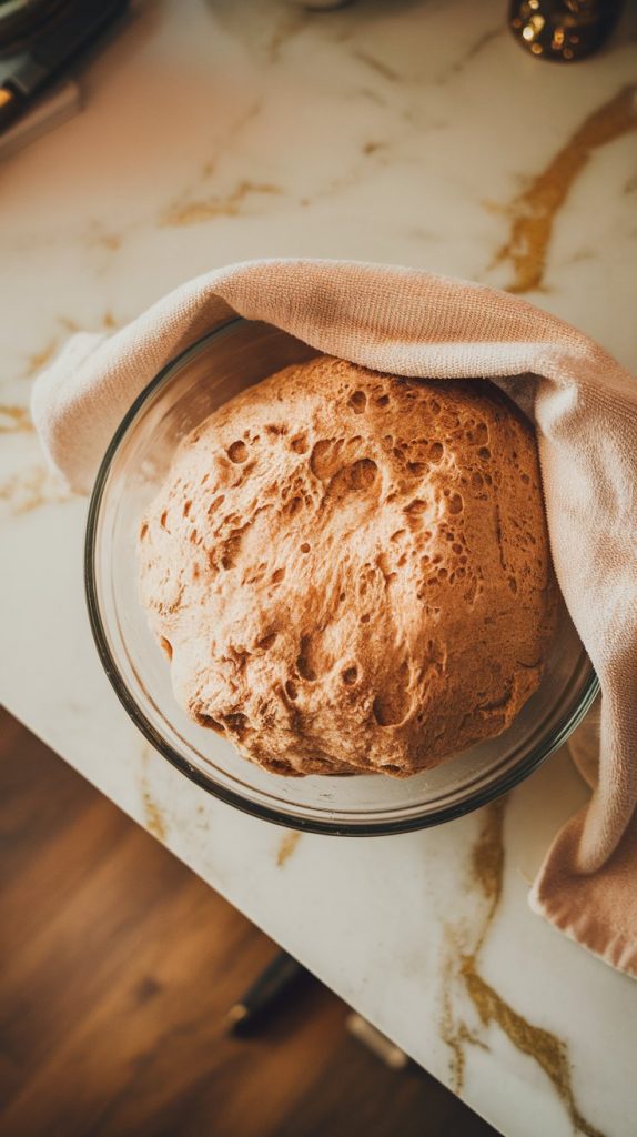 A glass bowl with smooth, risen dough, almost doubling in size, with a towel draped over the top