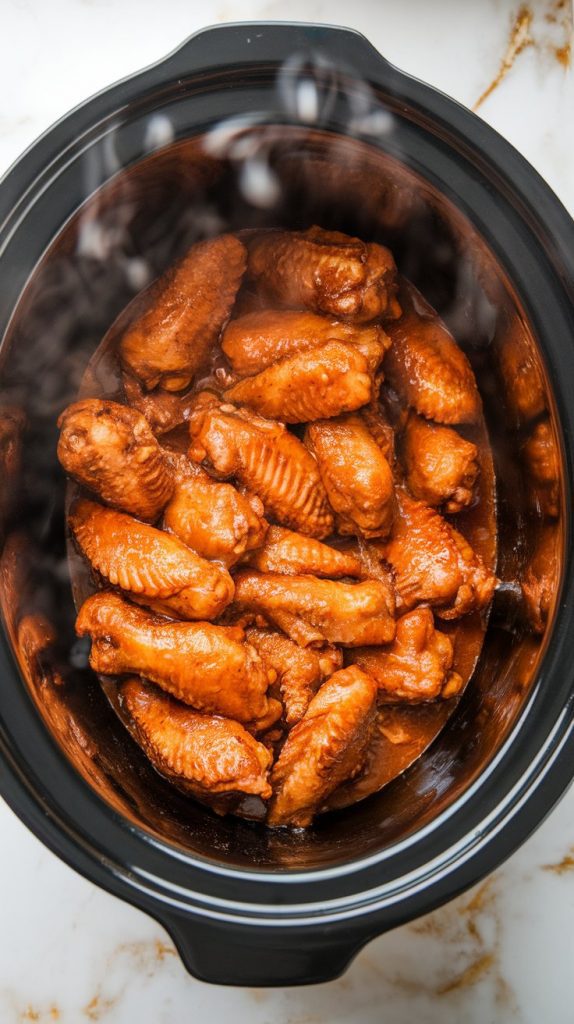 the slow cooker with the lid slightly lifted, showing tender chicken wings simmering in thick