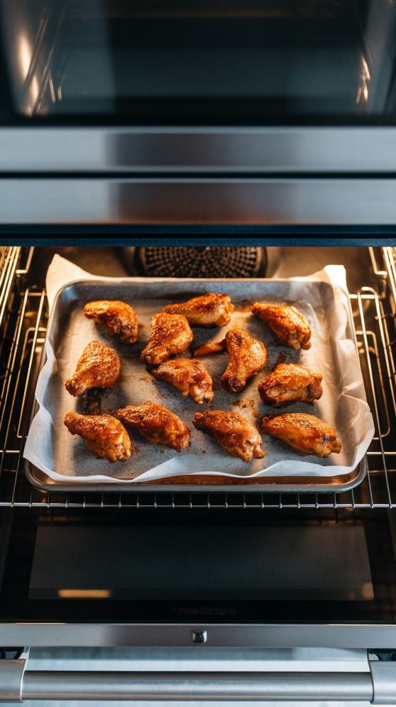 Golden brown chicken wings on a parchment-lined baking sheet, broiling in a modern stainless steel double oven