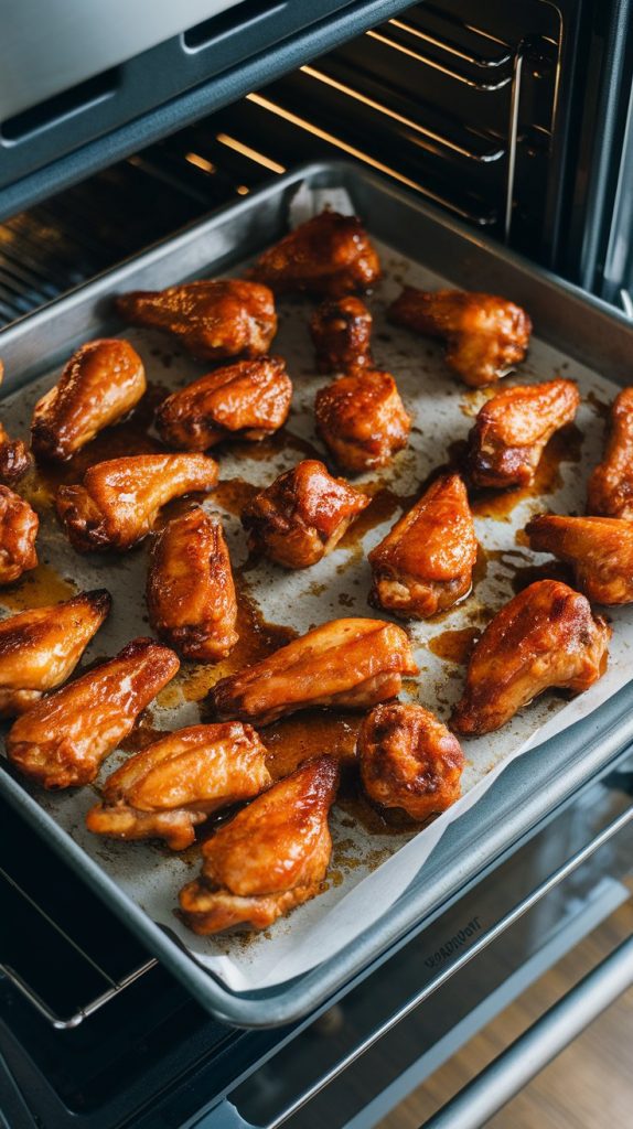 honey garlic chicken wings on a baking sheet, golden and slightly charred from broiling