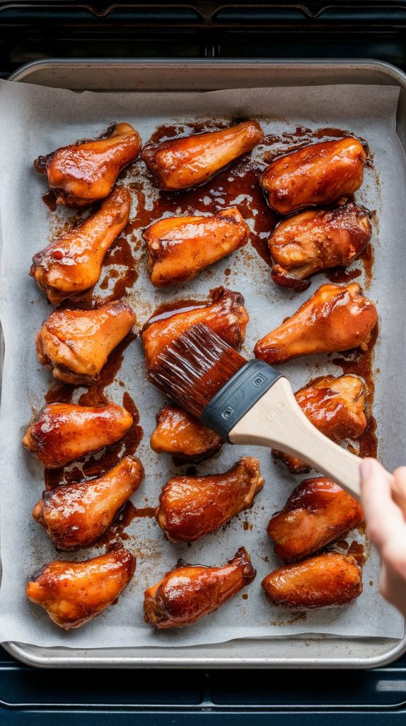 A baking sheet lined with parchment paper, filled with honey BBQ chicken wings arranged in a single layer