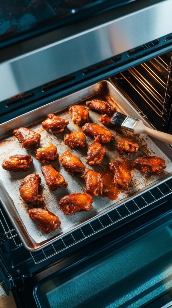 A baking sheet with caramelized Coca-Cola wings under the oven broiler