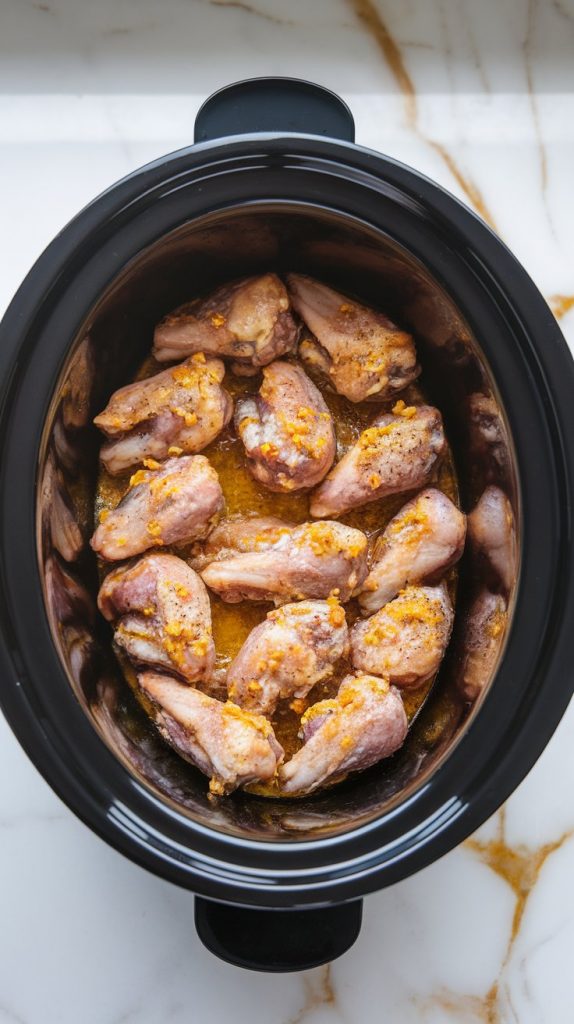 Seasoned chicken wings in a slow cooker, coated with melted butter and fresh minced garlic