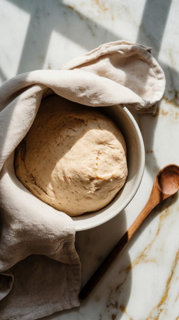 A bowl of dough covered with a cloth, slightly puffed up, with a wooden spoon nearby on white marble counters with hints of gold