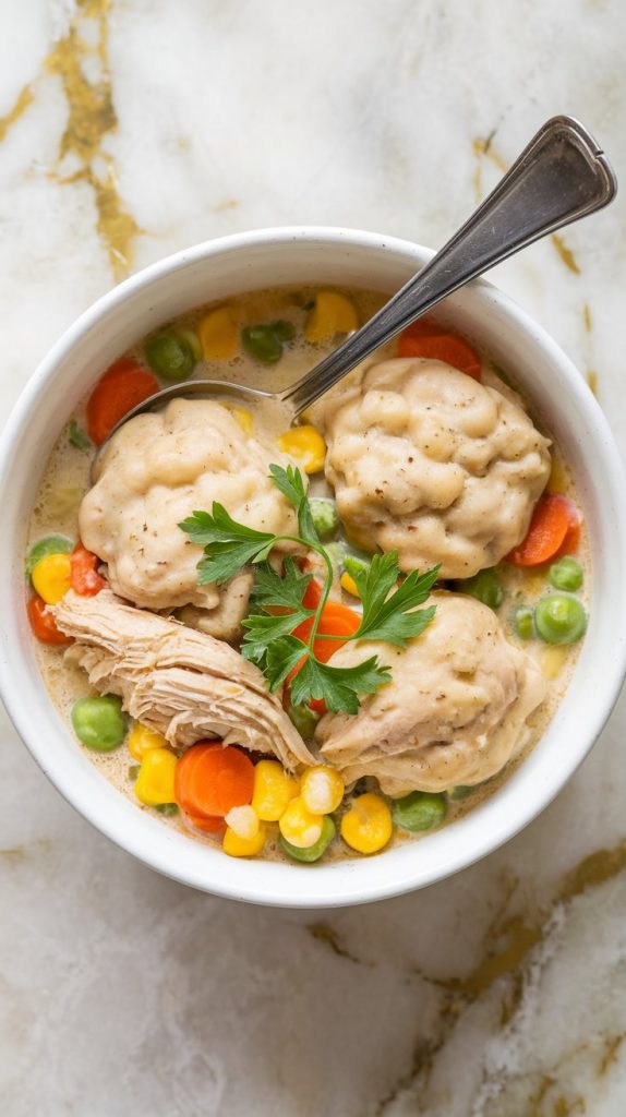 a bowl of homemade crockpot chicken and dumplings, with tender shredded chicken, fluffy dumplings, and colorful mixed vegetables