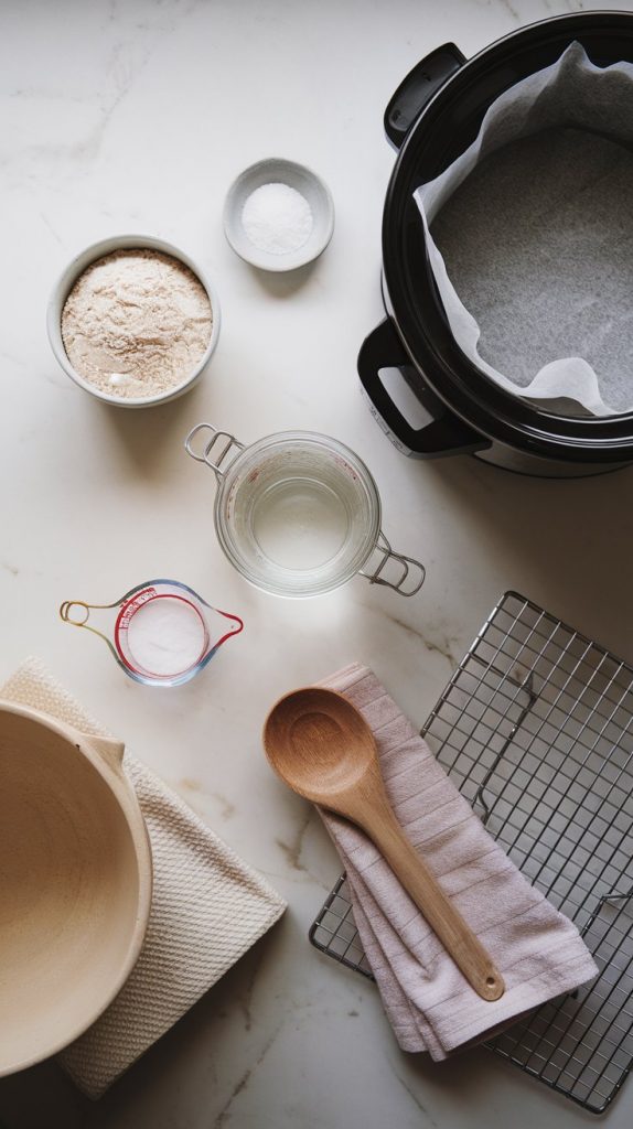 a bag of bread flour, a small bowl of salt, a jar of active sourdough starter, and a measuring cup of warm water