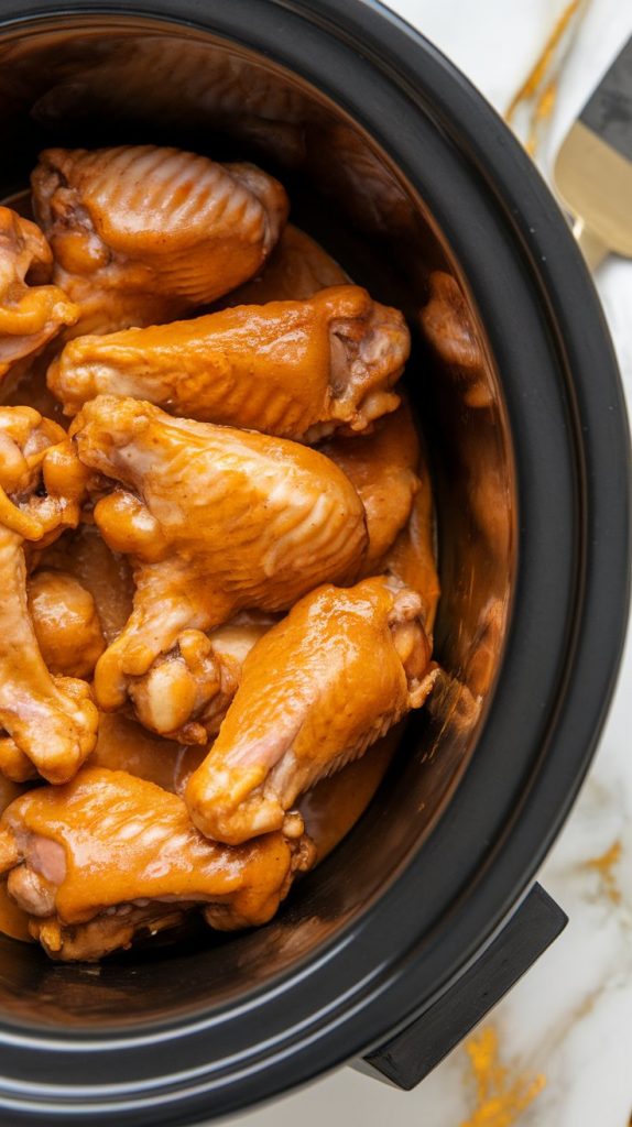 raw chicken wings in a slow cooker, coated in thick peanut sauce