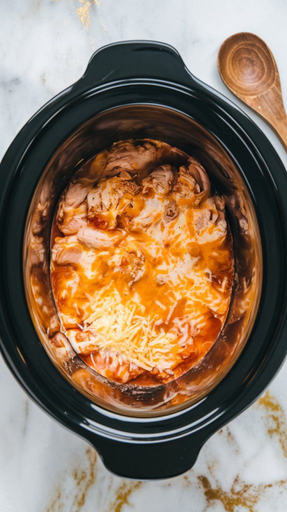 A crockpot with buffalo chicken dip slowly melting, cheese starting to blend into the sauce