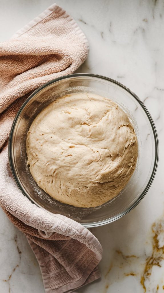 A glass mixing bowl with risen dough, fluffy and airy, covered partially by a soft kitchen towel