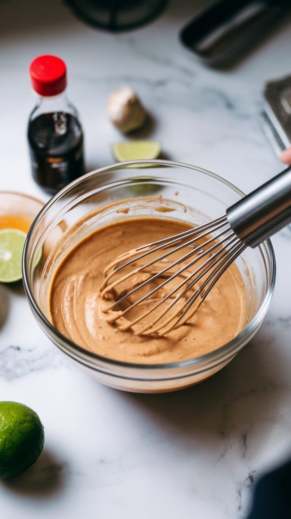 a glass mixing bowl filled with creamy peanut sauce, being whisked until smooth