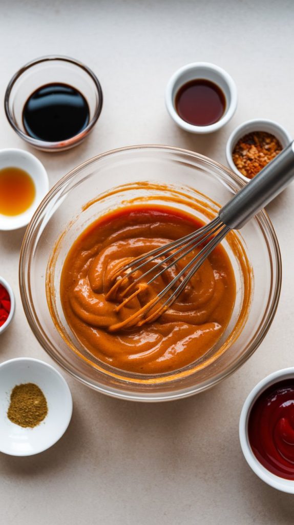 a glass mixing bowl with thick, golden-orange sauce being whisked