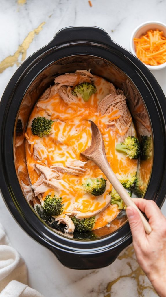 A hand stirring melted cheese and cream cheese into the soup inside the slow cooker