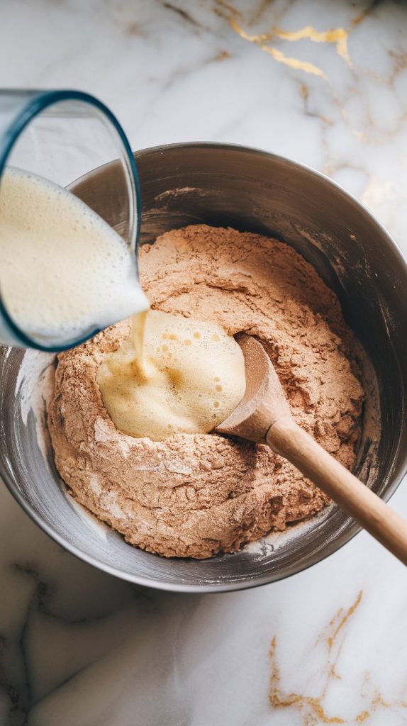 A large mixing bowl with whole wheat flour and salt, with yeast mixture being poured in