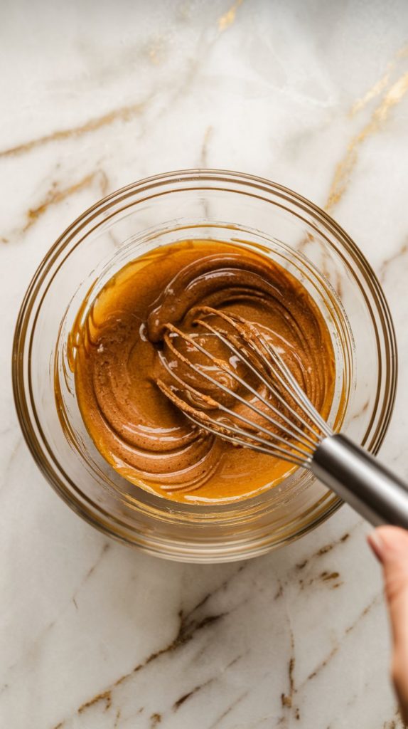 A medium glass mixing bowl filled with wet ingredients: vegetable oil, sugar, brown sugar, eggs