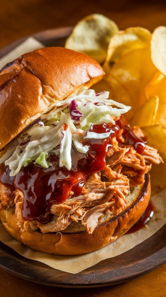 a pulled BBQ chicken sandwich on a toasted brioche bun, filled with tender, shredded chicken coated in a glossy