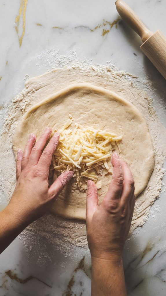 Hands shaping dough on a floured surface, cheese being folded into the dough