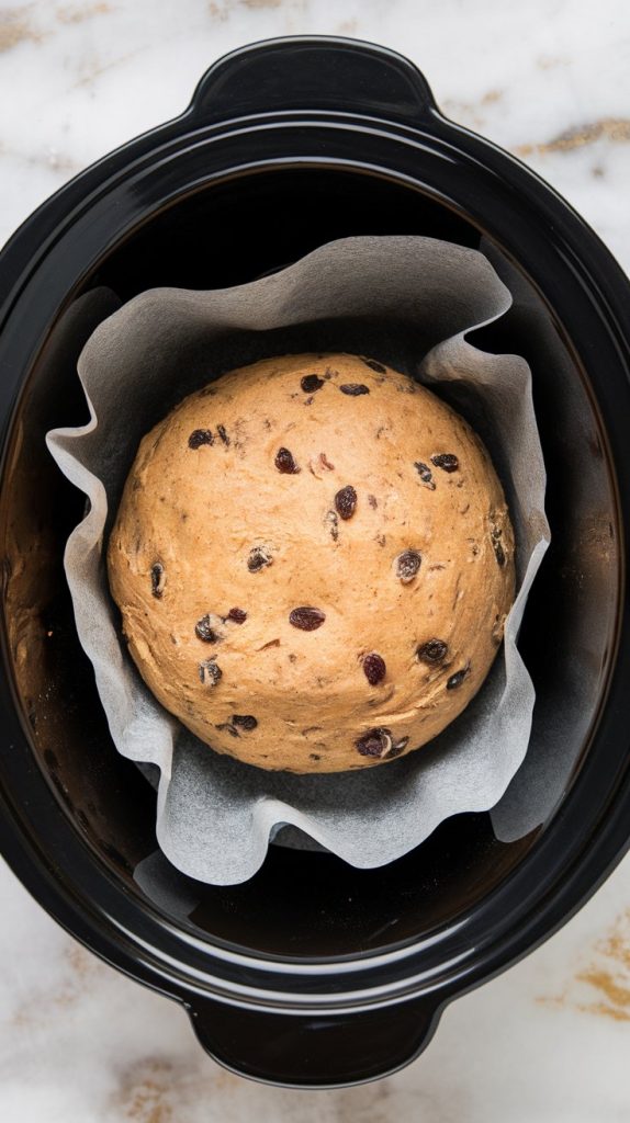 A round ball of cinnamon raisin bread dough sits on a sheet of parchment paper inside a black crockpot