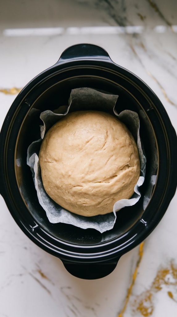 A round ball of dough sitting on parchment paper inside a black slow cooker