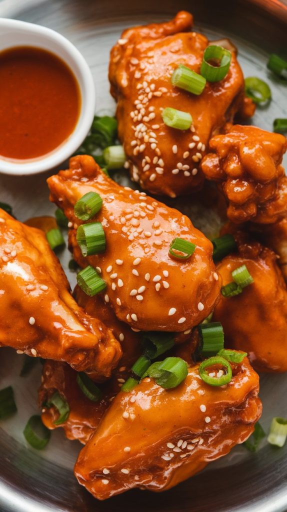 a serving platter with sticky, glistening orange chicken wings