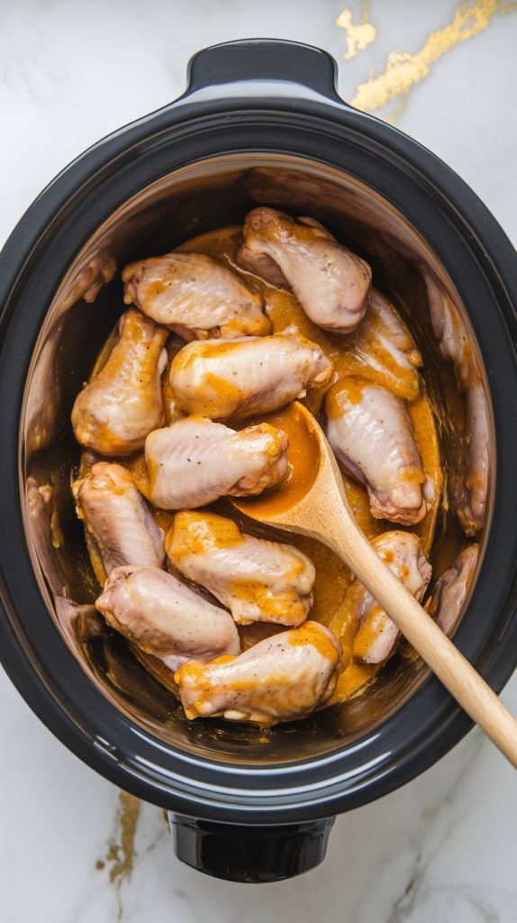 A slow cooker filled with raw chicken wings coated in a golden honey mustard sauce