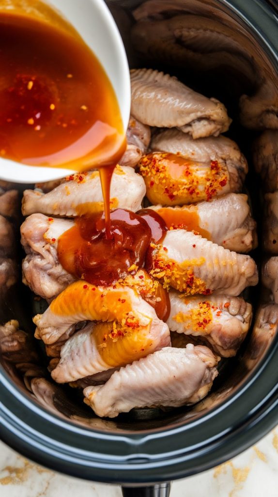 a slow cooker filled with raw chicken wings coated in honey garlic sauce