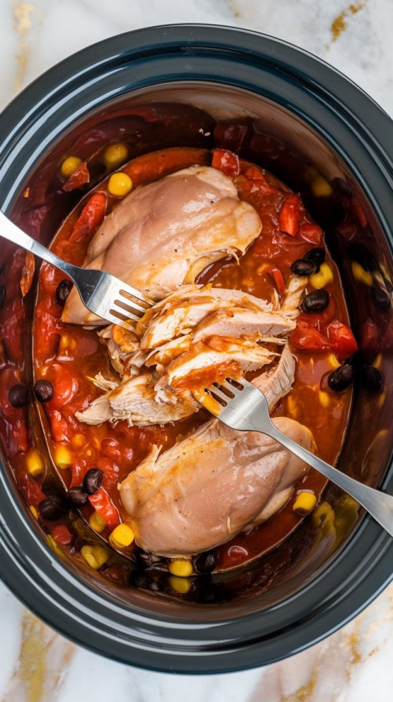 A slow cooker with cooked chicken breasts being shredded with two forks