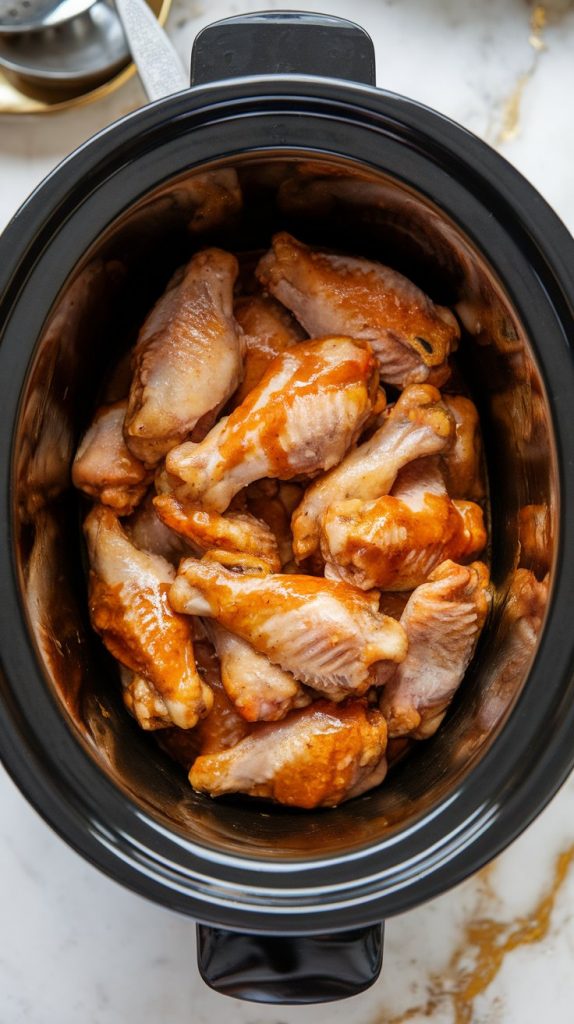 a slow cooker with the lid slightly lifted, revealing cooked honey garlic chicken wings simmering in sauce