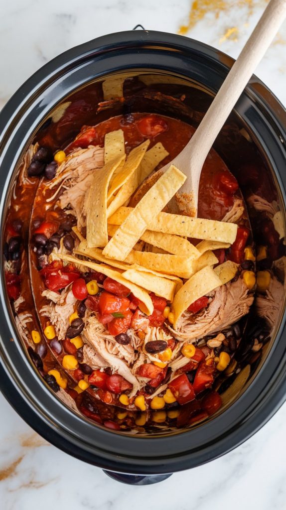 A slow cooker filled with shredded chicken and enchilada sauce, with strips of corn tortillas