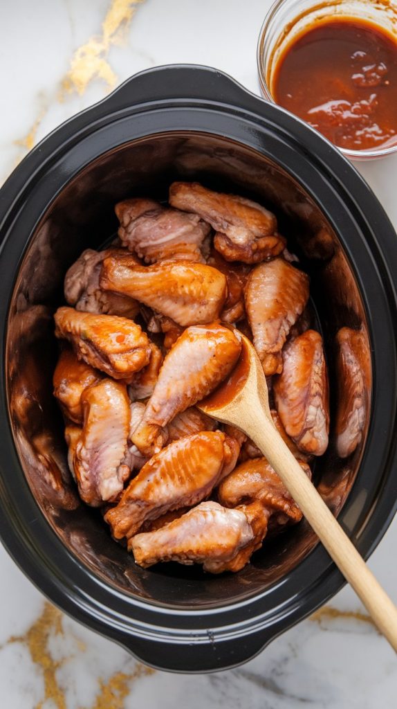 A slow cooker filled with raw chicken wings being coated with the Coca-Cola sauce