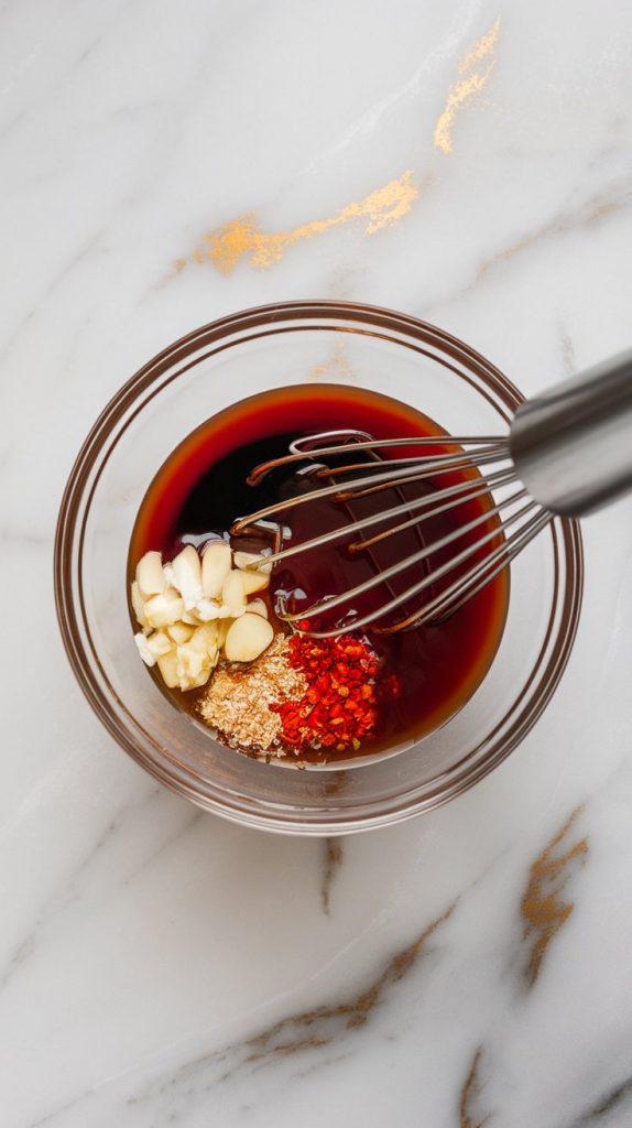 a small mixing bowl with honey, soy sauce, ketchup, apple cider vinegar, garlic, ginger, sesame oil, and red pepper flakes being whisked together