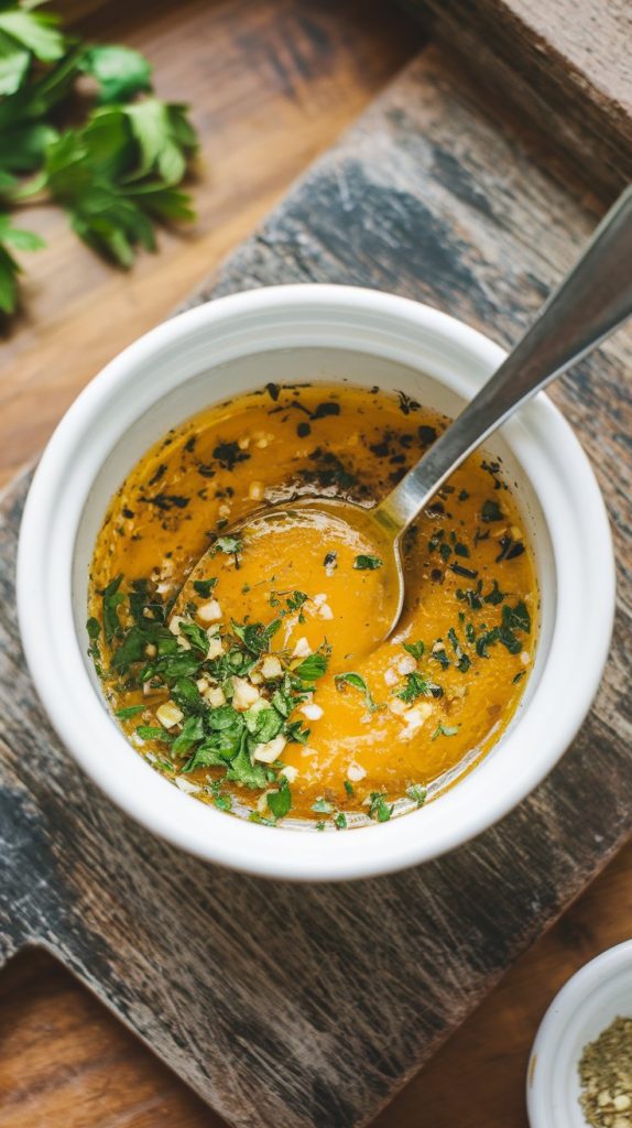 A small bowl of melted butter mixed with minced garlic and herbs