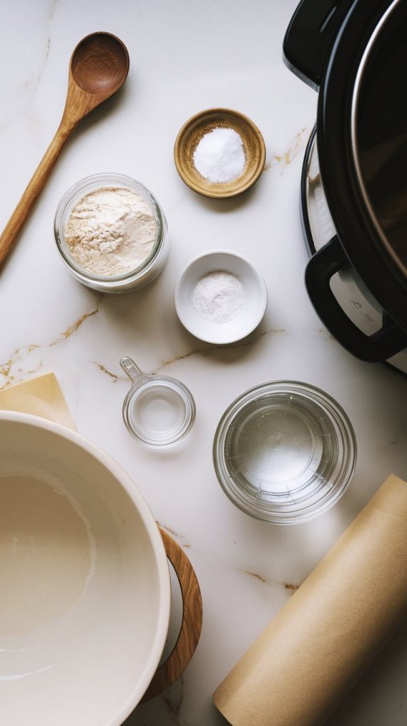 a white marble counter with hints of gold, displaying all-purpose flour in a measuring cup, salt in a small dish