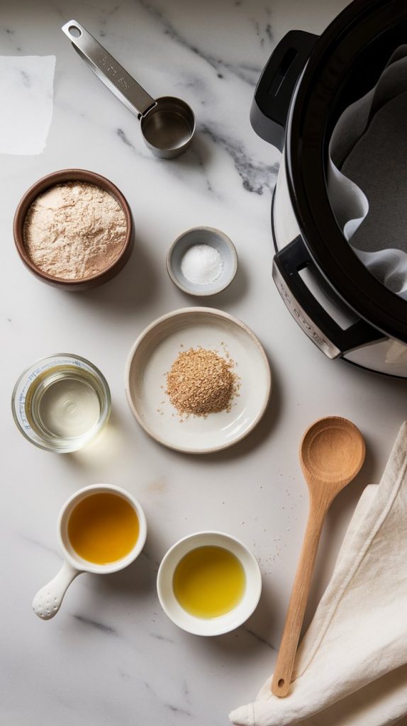 all ingredients for whole wheat honey bread: a small bowl of whole wheat flour, a tiny dish of salt, a packet of dry yeast