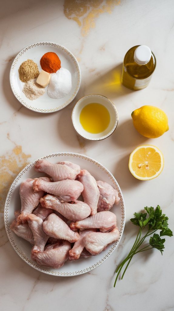 raw chicken wings on a plate, a small bowl of lemon pepper seasoning, garlic powder, onion powder, paprika, salt, melted butter in a tiny dish