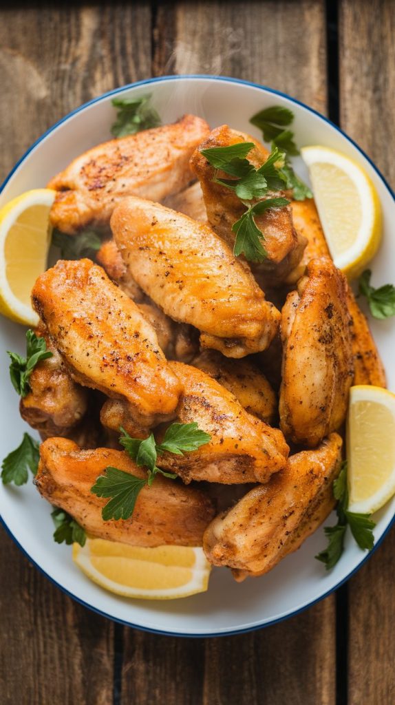 A serving plate of crispy, golden-brown lemon pepper chicken wings garnished with parsley and lemon slices