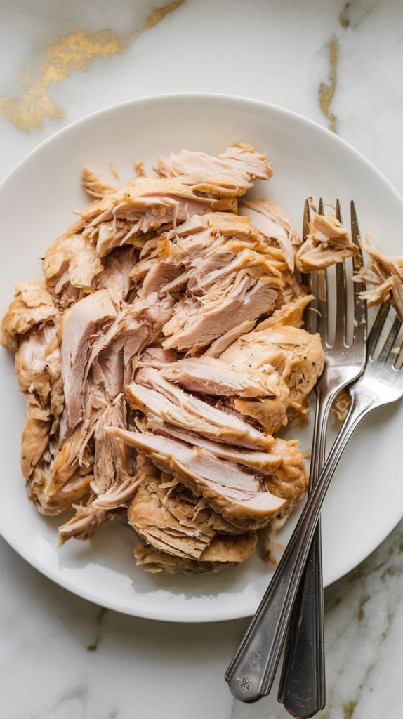 freshly cooked shredded chicken on a white plate