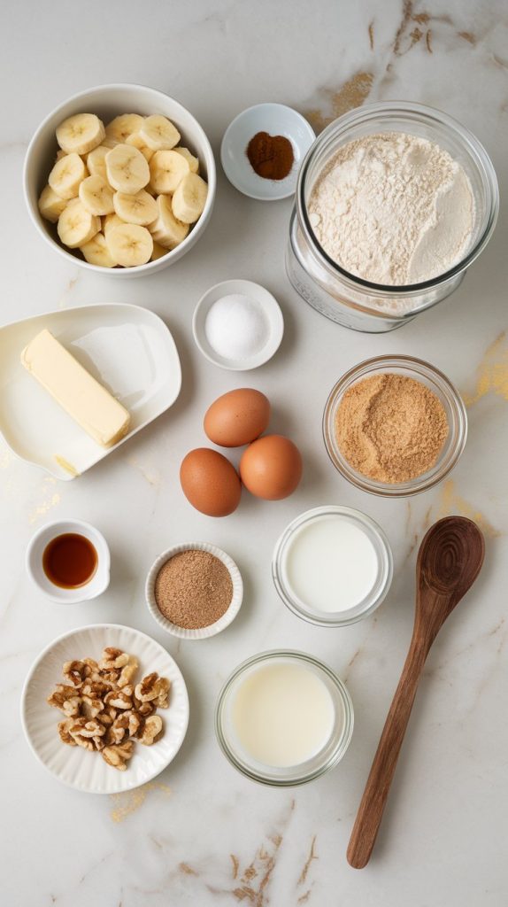 all ingredients for crockpot banana bread neatly arranged on a white marble counter with hints of gold