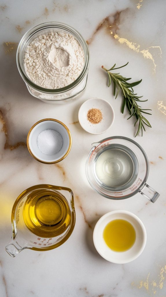 all ingredients for rosemary olive oil bread: a bag of all-purpose flour, a small packet of active dry yeast, a salt shaker, a sprig of fresh rosemary