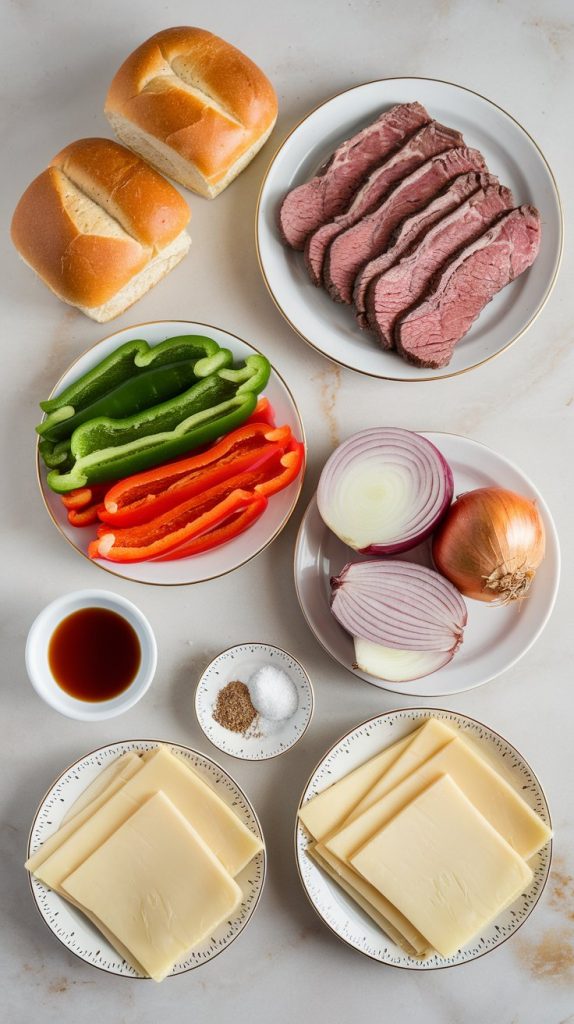 all ingredients for Slow Cooker Philly Cheesesteak Sandwiches