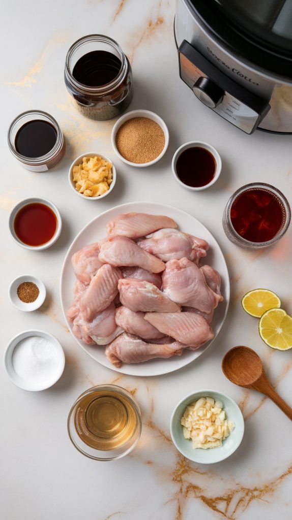 All ingredients for slow cooker Coca-Cola chicken wings