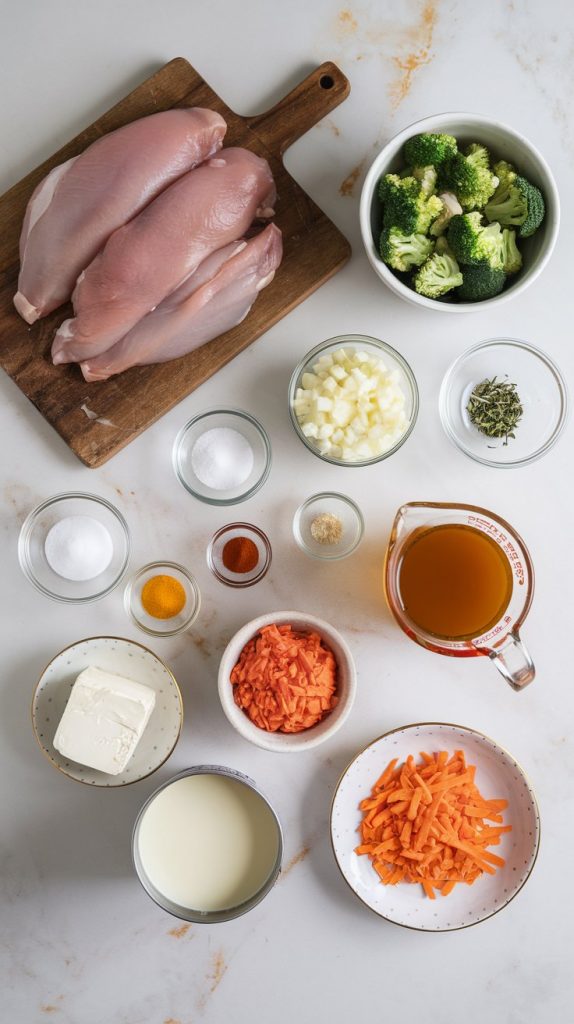 all ingredients neatly arranged on a white marble counter with hints of gold: raw boneless, skinless chicken breasts